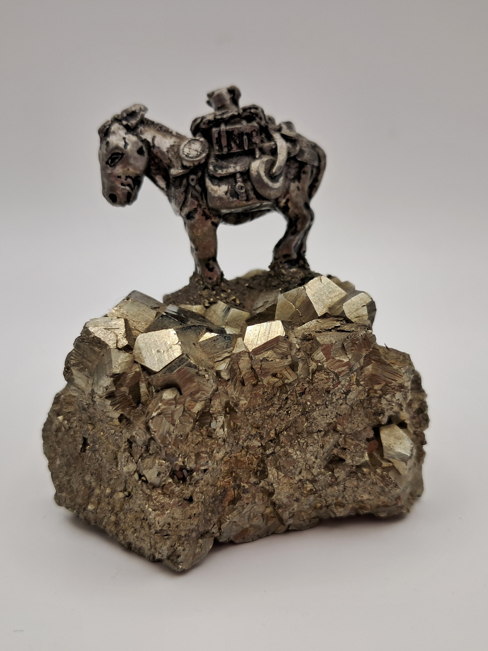 Metal Donkey Figurine on Gold-Tone Pyrite Base - Decorative Home Art